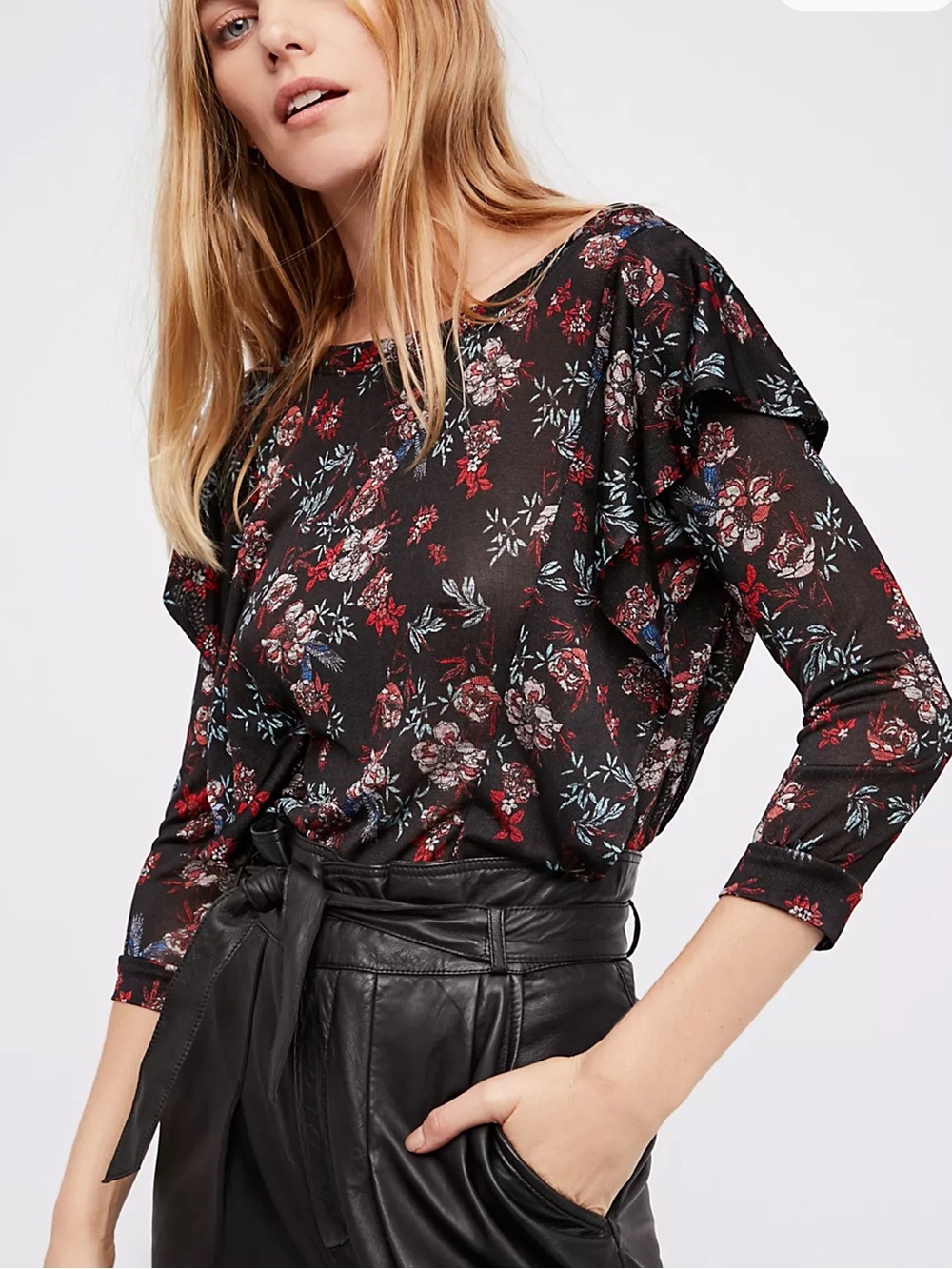 Free People | Dock Street Blouse Top Floral Print Ruffles Black Red Blue XS